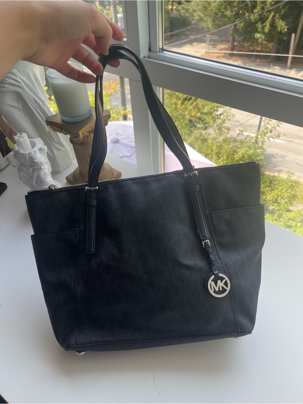 Michael Kors Black Pebbled Leather Tote with MK Logo Charm